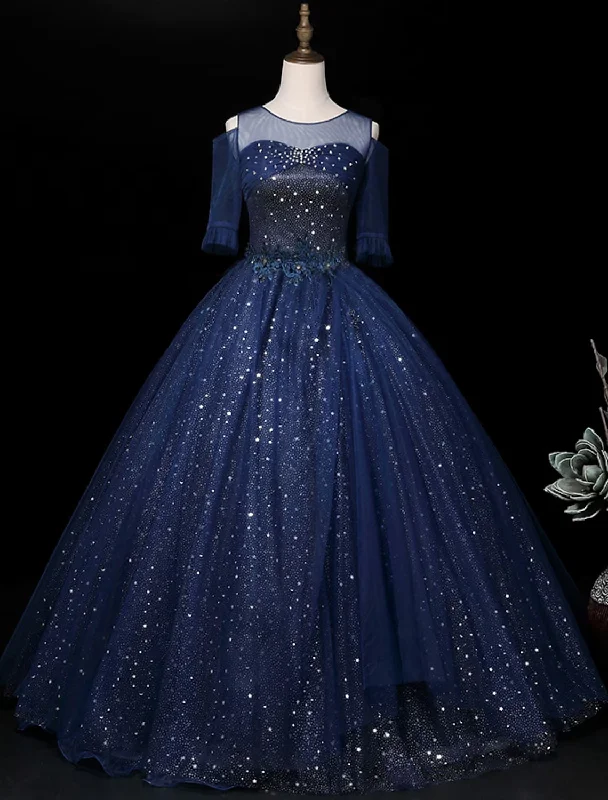 Ball Gown Sparkle Elegant Quinceanera Prom Dress Illusion Neck Half Sleeve Floor Length Tulle with Sequin Ball Gown Sparkle Elegant Quinceanera Prom Dress Illusion Neck Half Sleeve Floor Length Tulle with Sequin