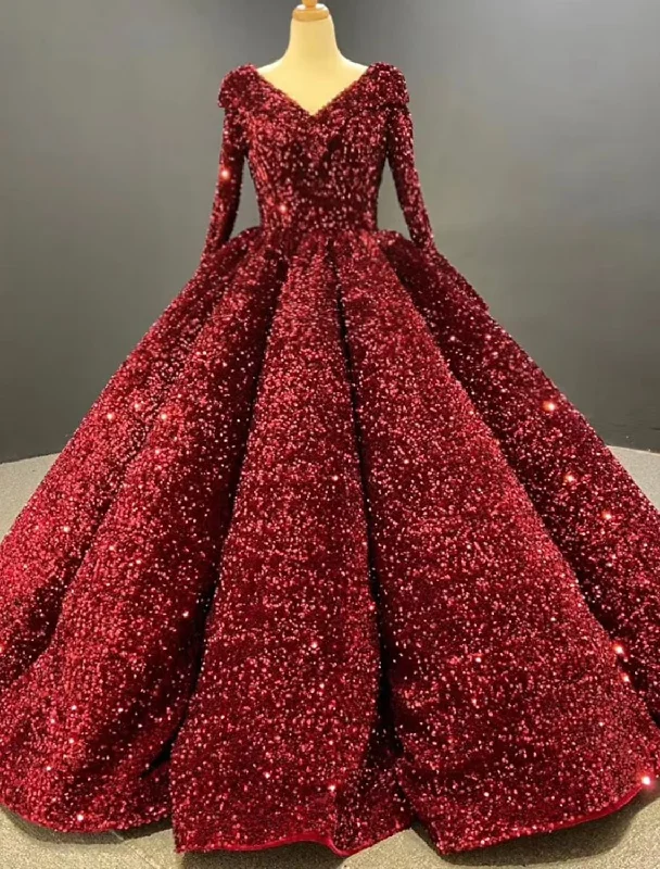 Ball Gown Prom Dresses Luxurious Dress Quinceanera Floor Length Long Sleeve V Neck Sequined with Pleats Sequin Ball Gown Prom Dresses Luxurious Dress Quinceanera Floor Length Long Sleeve V Neck Sequined with Pleats Sequin