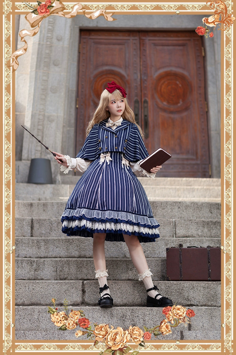 (Buy for me) Infanta~Elegant Lolita Stripe High-waist Jumper Dress Set and Cape