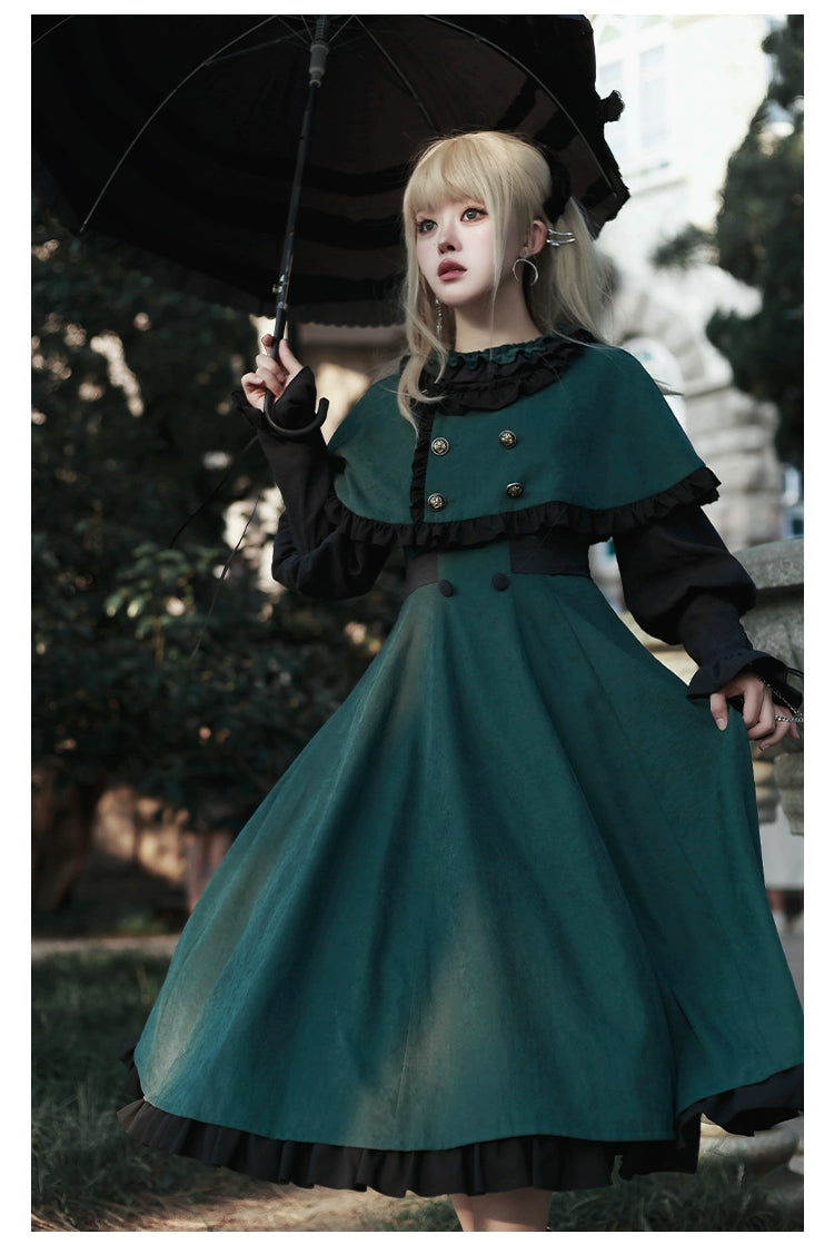 With PUJI~College of Potions~Elegantt Lolita OP Dress Black and Green Dress with Cape