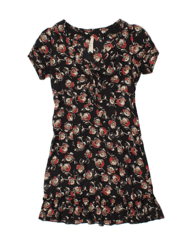 PEPE JEANS Womens Drop Waist Dress UK 10 Small Black Floral Cotton