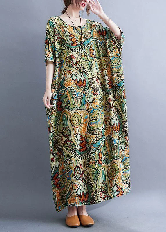 Style Green Oversized Print Cotton Long Dresses Summer