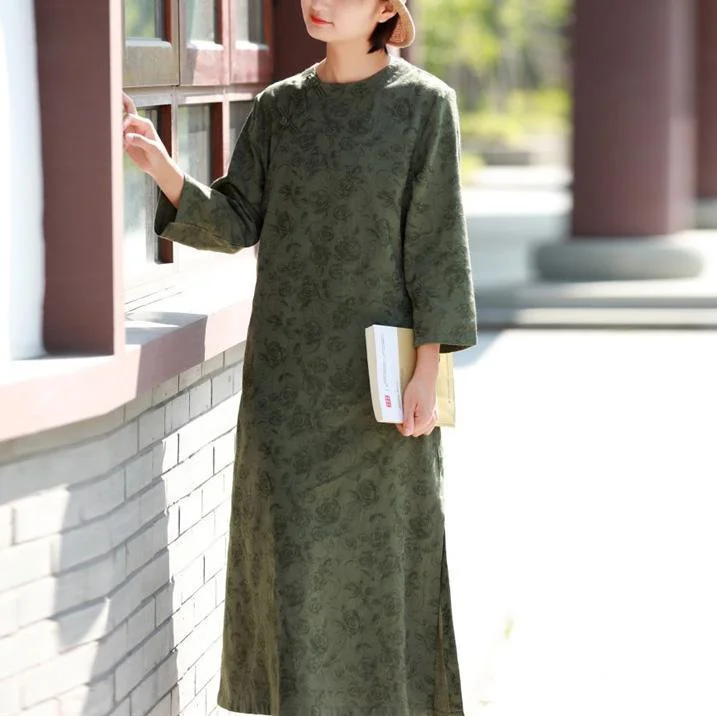 Style side open cotton spring dress Outfits green jacquard long Dresses