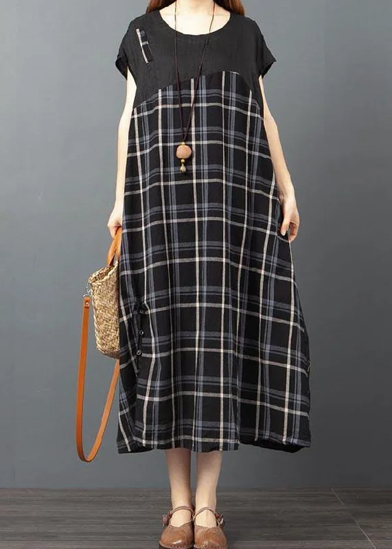 Stylish  Black Plaid Patchwork Button Long Dresses Summer