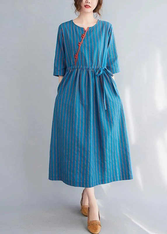 Stylish Blue Striped tie waist Long Summer Cotton Dress