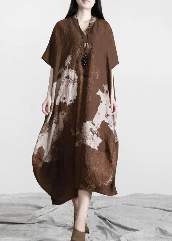 Stylish Brown Print Button Cotton Summer Long Dresses