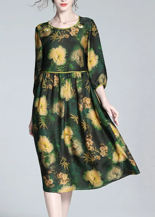 Stylish Green O-Neck Print Wrinkled Silk Long Dresses Spring