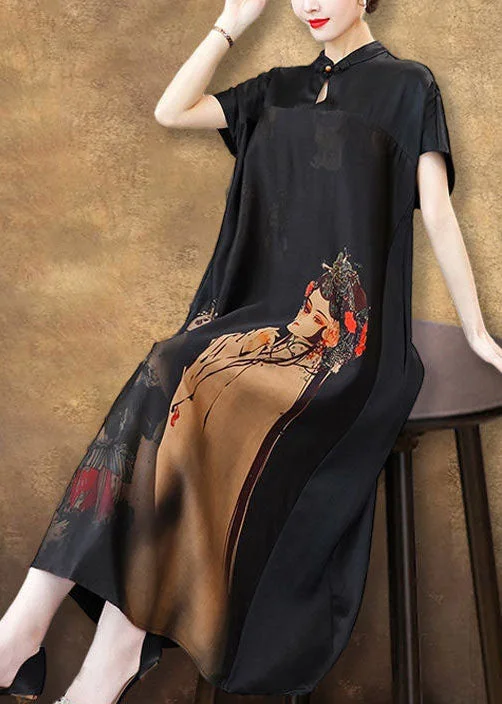 Unique Black Stand Collar Patchwork Print Silk Long Dress Summer