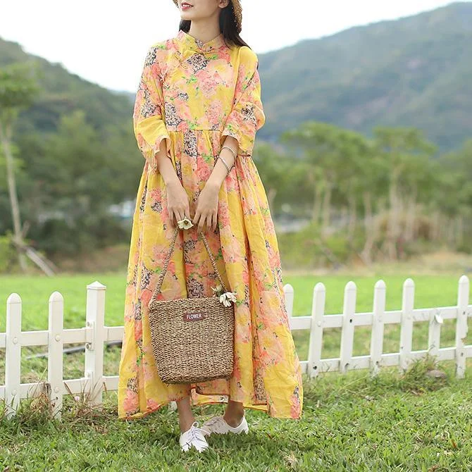 Unique high waist linen dresses pattern yellow floral Dress fall