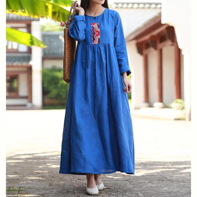 Unique high waist linen Wardrobes Sewing blue Dresses fall