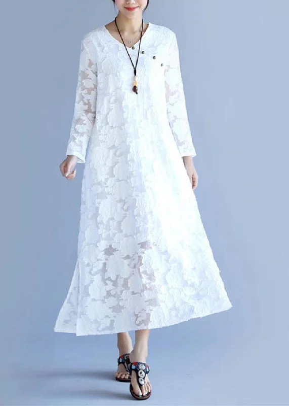 Unique O Neck Spring Tunic Pattern Fabrics White Cut Flowers Long Dress