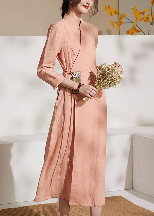 Unique Pink Embroideried tie waist Summer Linen Summer Dresses