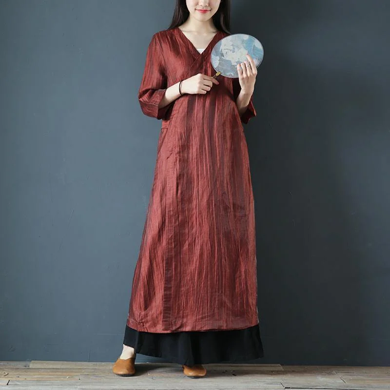 Unique tie waist linen clothes For Women Wardrobes burgundy Dresses summer