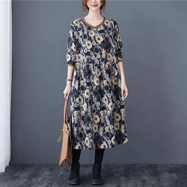 V-neck Floral Print Loose Comfortable Female Long Dresses