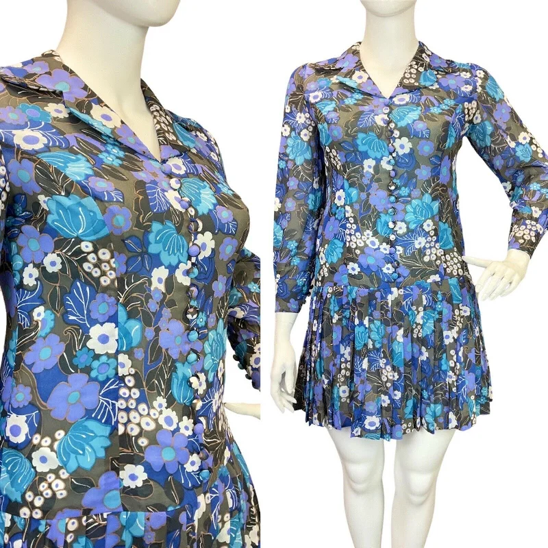 VINTAGE 60s 70s BLUE GREY BLACK FLORAL SHEER PLEATED MOD DROP-WAIST DRESS 14 16