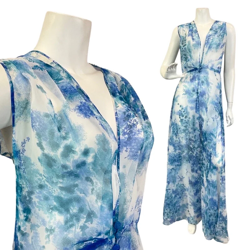 VINTAGE 60s 70s BLUE WHITE GREEN FLORAL LEAFY WAISTCOAT MAXI OVER-DRESS 14 16