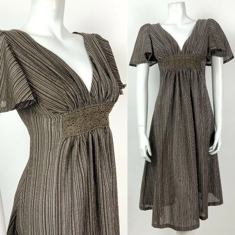 VINTAGE 60s 70s BROWN SILVER STRIPED CROCHETED CAPE SLEEVE SWING DRESS 6 8