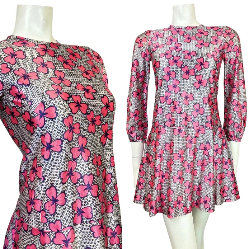 VINTAGE 60s STYLE 90s WHITE BLUE PINK GEOMETRIC FLORAL MOD DROP-WAIST DRESS 4