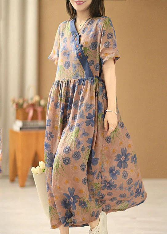 Vintage Asymmetrical Design Embroideried Print Linen Long Dress Short Sleeve