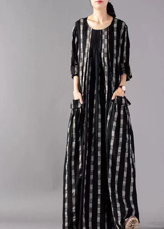 Vintage Black O-Neck Plaid Print Cotton Long Dresses Long Sleeve