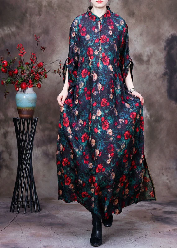 Vintage Black Stand Collar Floral Print Side Open Silk Long Dresses Long Sleeve