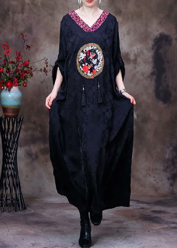 Vintage Black V Neck Butterfly Embroideried Tassel Silk Long Dresses Long Sleeve