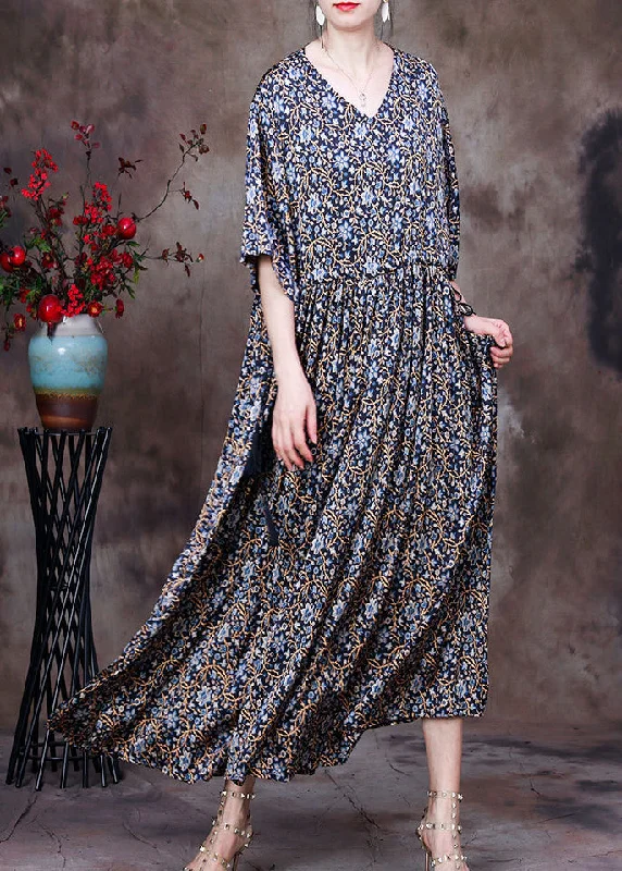 Vintage Blue Print V Neck Drawstring Silk Long Dresses For Women Half Sleeve