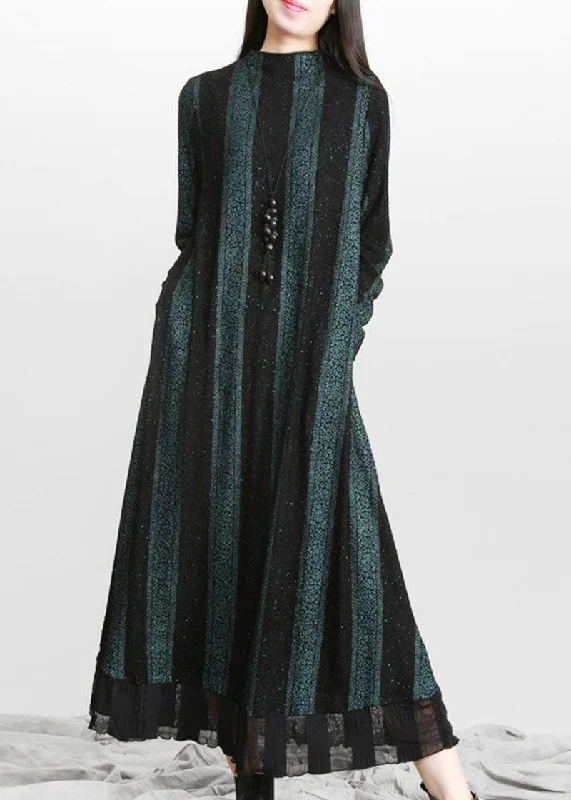 Vintage Blue Striped PatchworkChiffon Fall Long Dresses