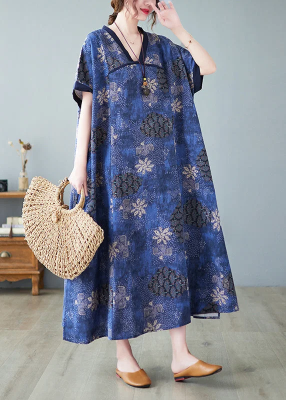 Vintage Blue V Neck Patchwork Long Dresses Summer