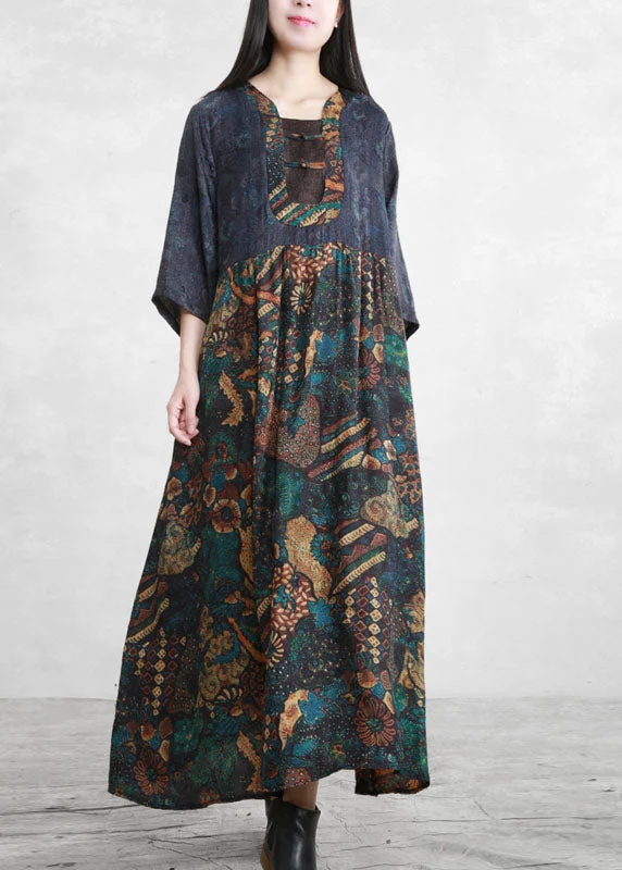 Vintage Blue Wrinkled Pockets Patchwork Long Dress Three Quarter sleeve