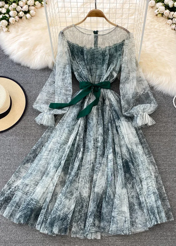 Vintage Green O-Neck Slim Tulle Long Dress Puff Sleeve