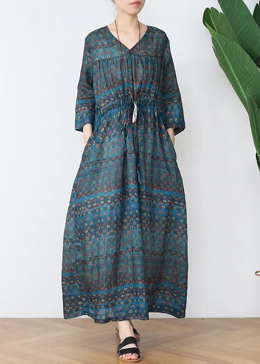 Vintage Green Print Cotton V Necktie Waist Spring Long Dress