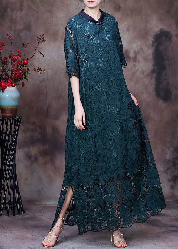 Vintage Green Stand Collar Patchwork Side Open Lace Long Dresses Half Sleeve