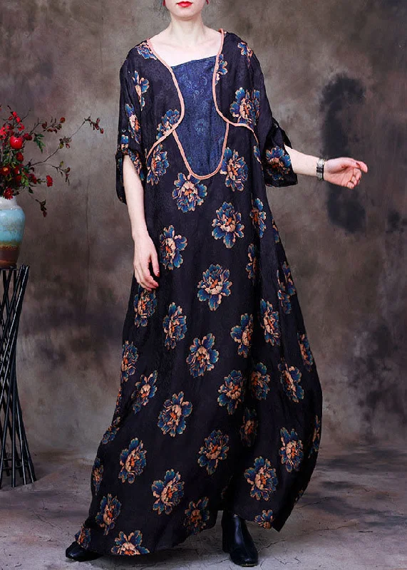 Vintage Navy Asymmetrical Patchwork Floral Print Silk Long Dress Long Sleeve