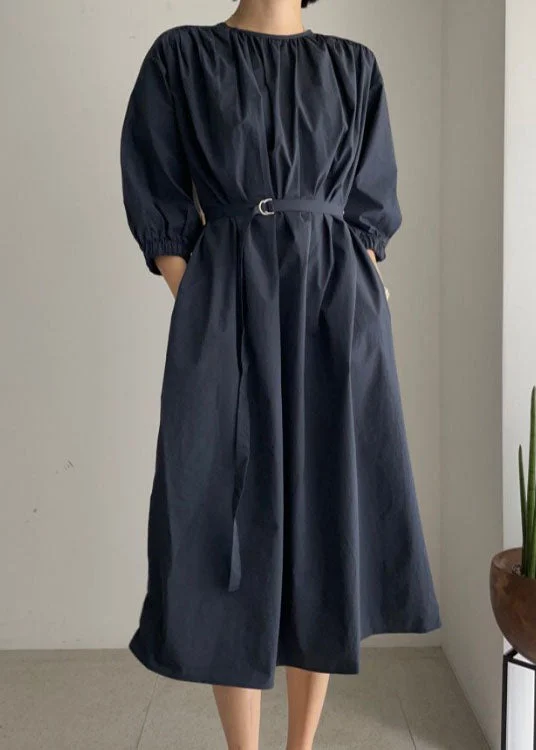 Vintage Navy O-Neck tie waist Cotton Mid Dress Half Sleeve Long Dress