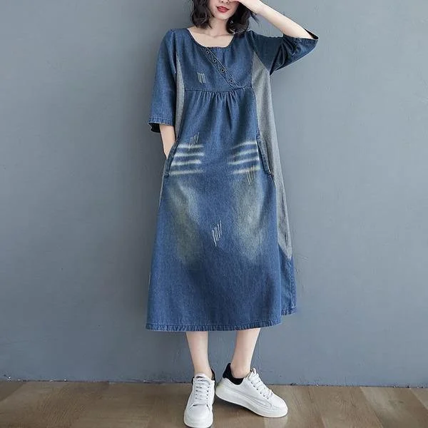 Vintage O-neck Patchwork Jeans Loose Female A-line Long Dress