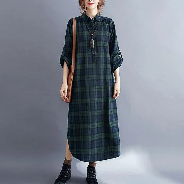 Vintage Plaid Turn-down Collar Loose Female Cotton Linen Long Dresses