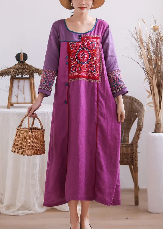 Vintage Purple Embroideried Chinese Button Patchwork Linen Long Dresses Summer