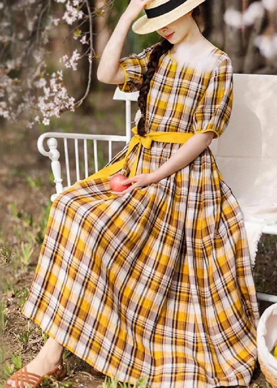 Vintage Yellow Plaid tie waist Mid Summer Linen Dress