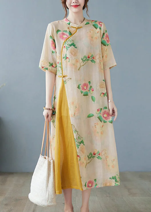 Vintage Yellow Print Patchwork Button Linen Long Dress Half Sleeve