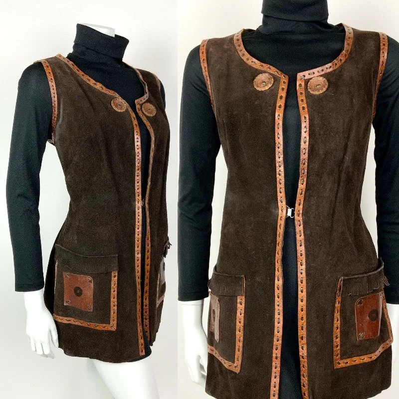 VTG 60s 70s BROWN ORANGE SUEDE LEATHER TASSLED BOHO FOLK WAISTCOAT DRESS 12