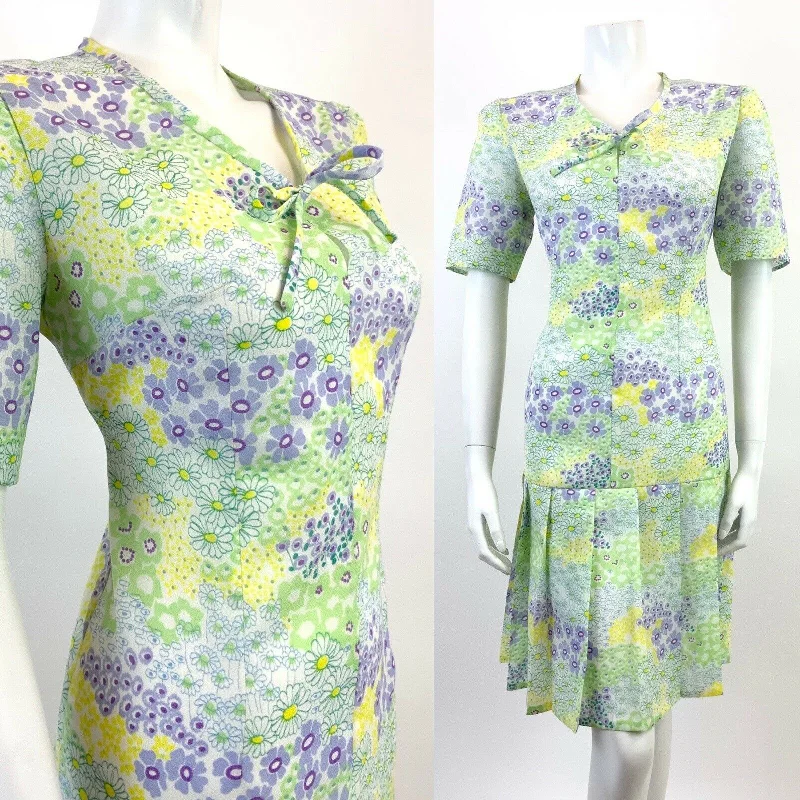 VTG 60s 70s GREEN PURPLE WHITE YELLOW FLORAL PSYCHEDELIC DROP WAIST DRESS 12 14