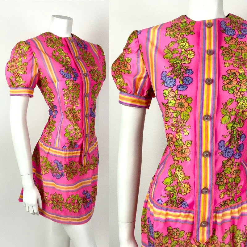 VTG 60s 70s NEON PINK YELLOW PURPLE STRIPED FLORAL MOD DROP WAIST DRESS 10 12