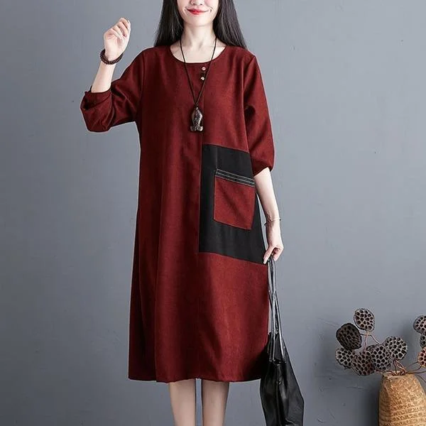 Women Autumn Casual Dresses  Patchwork Pocket Loose Comfortable Female Cotton Linen Long Dress