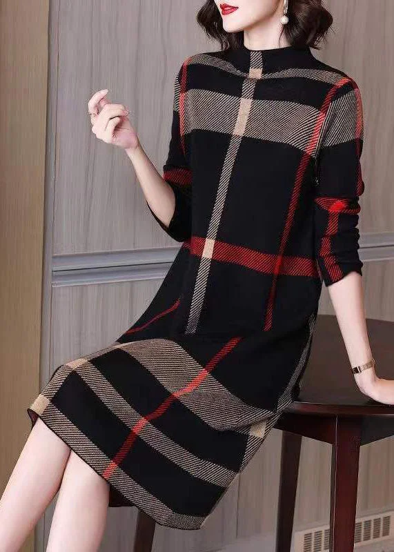 Women Black High Neck Print Knit Long Dresses Spring