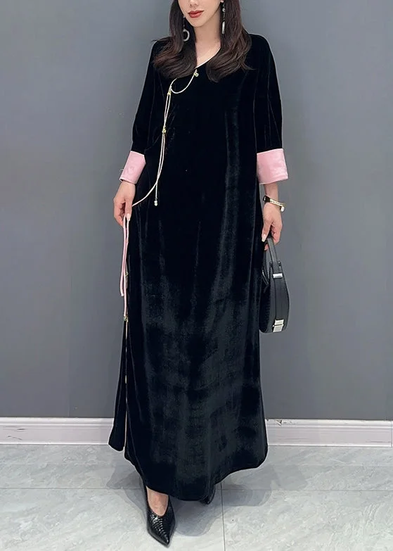 Women Black Lace Up Side Open Patchwork Velour Long Dress Fall