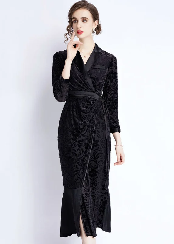 Women Black Notched Lace Up Jacquard Patchwork Silk Long Dresses Fall