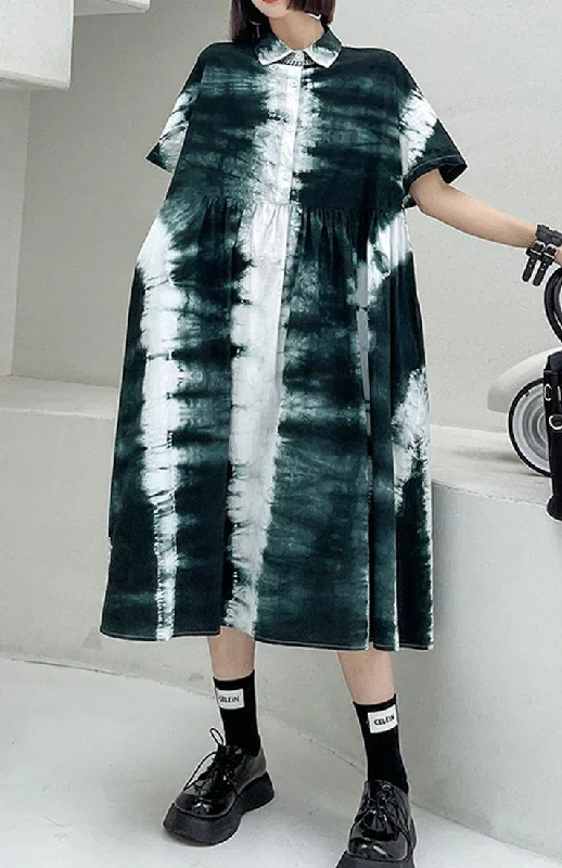 Women Black Tie Dye Cotton Turn-down Collar Summer Long Dresses