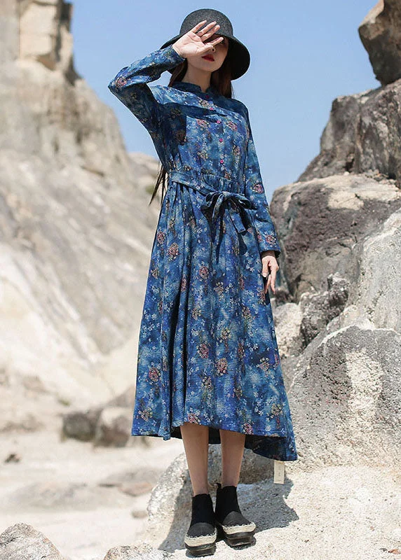 Women Blue Cinched Print Long Dresses Spring