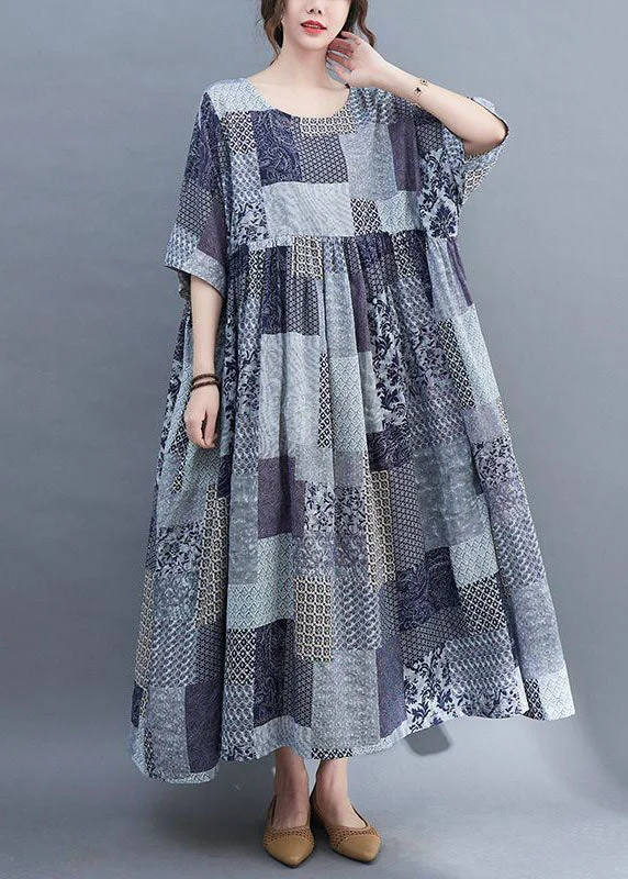 Women Blue Oversized Plaid Cotton Long Dress Summer